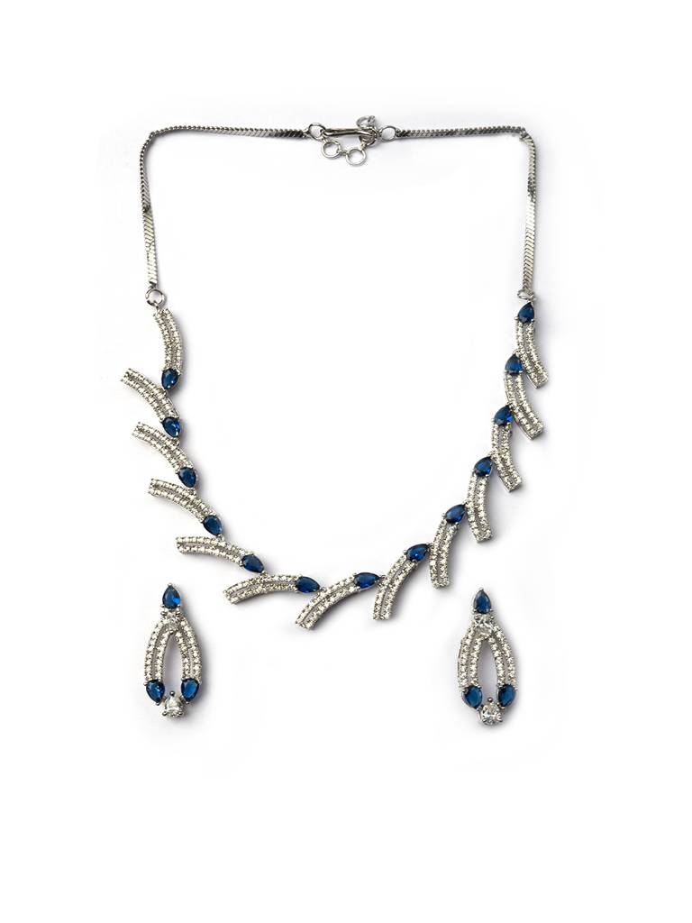 Sleek Luxurious Symmetrical Line Ad Necklace Set For Weddings, Parties And Festivals : AD139BLUE