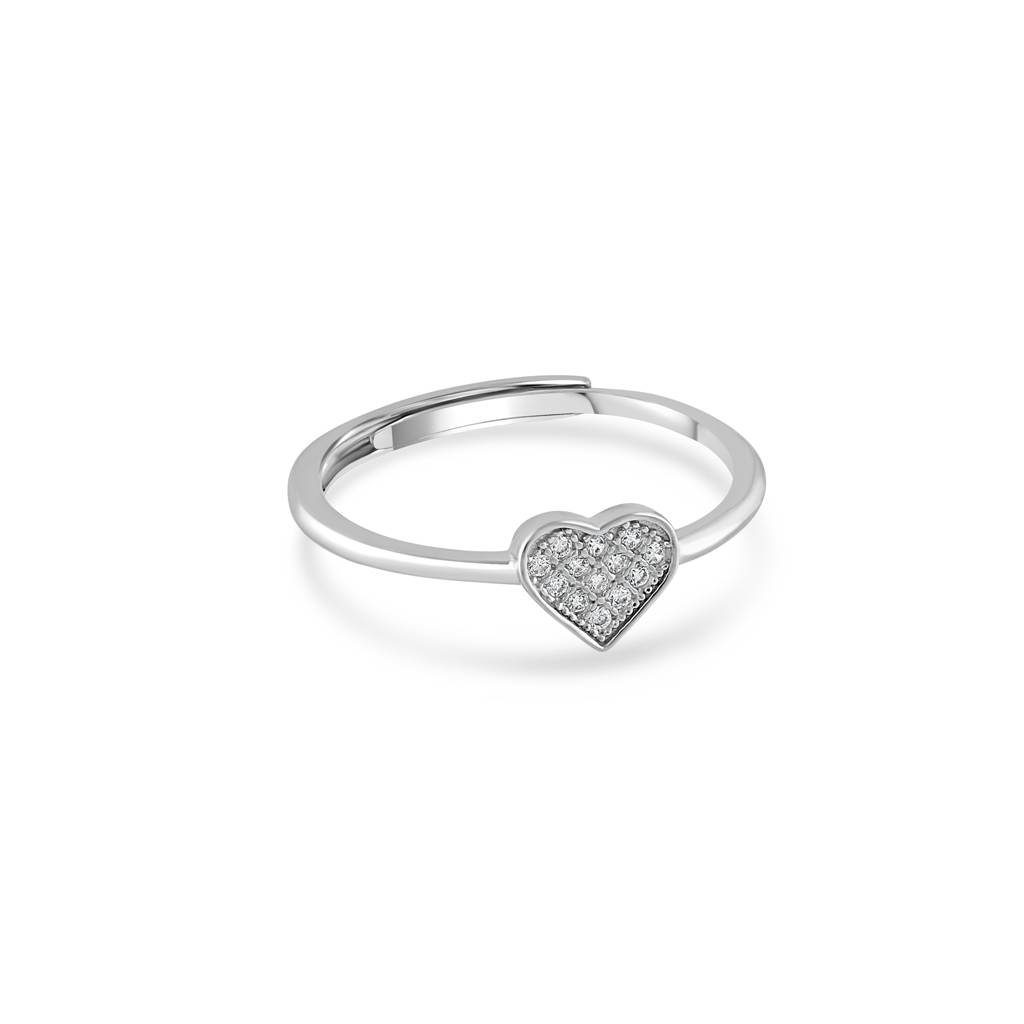 925 Sterling Silver Adjustable Heart Ring With Pave Cubic Zirconia : RJSPRG39