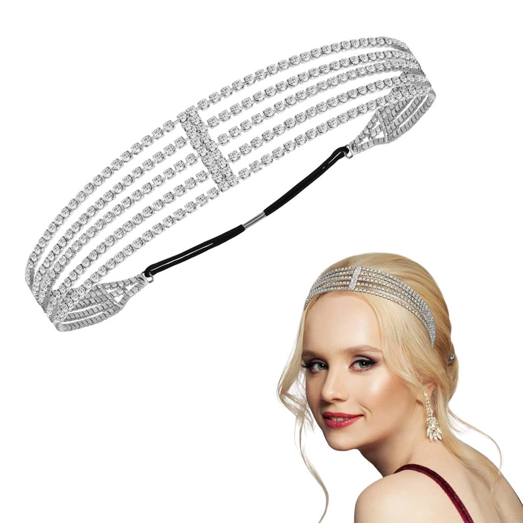 Multi-Layer Rhinestone Headband For Women - 5 Row Crystal Elastic Hair Band - Sparkling Diamond Hair Acce : MRSK-PT-GOLDSILVER