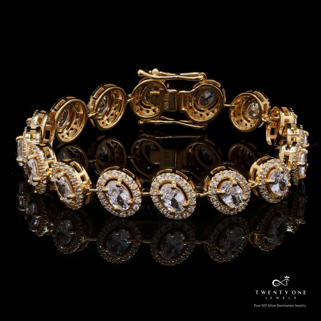 18K Gold Finish Premium 50 Pointer Oval Solitaire Tennis Bracelet With Diamond Cluster On Pure 925 Silver : TB4149