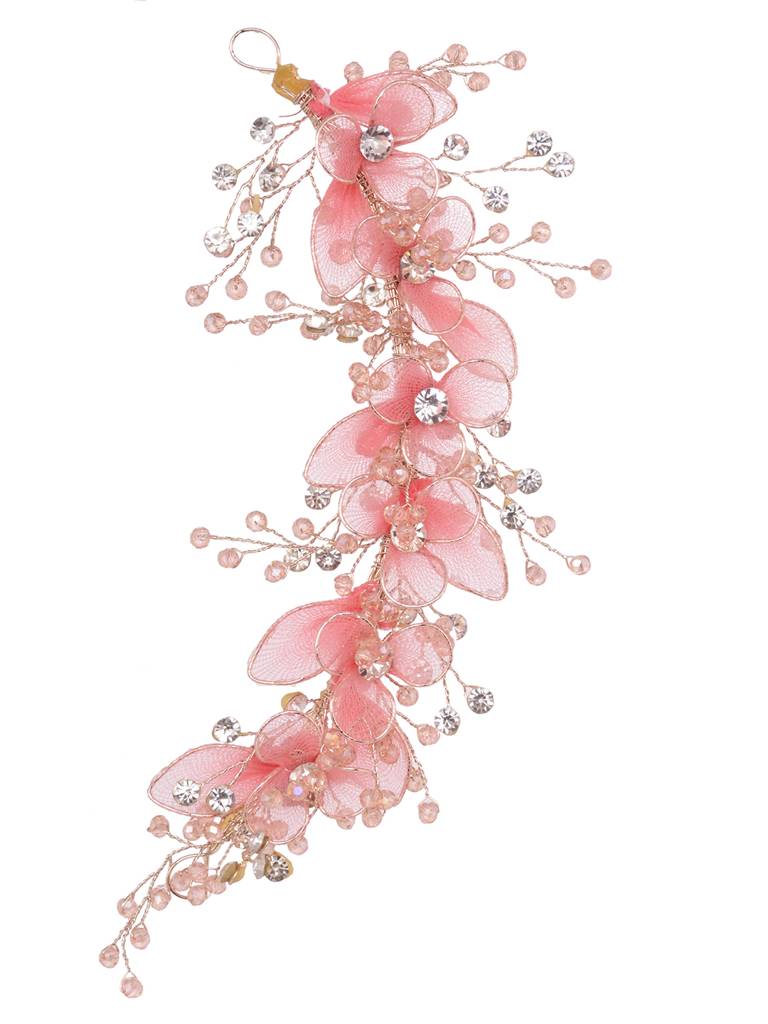 Gold Toned & Pink Stocking Flowers Beaded Tiara Hair Accessory : SJHC1900