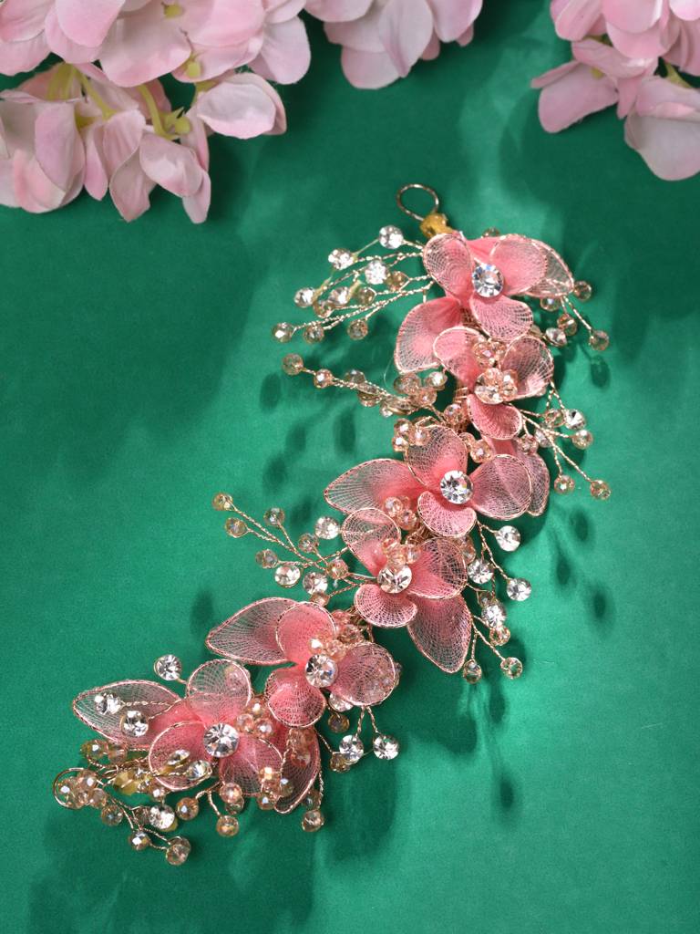 Gold Toned & Pink Stocking Flowers Beaded Tiara Hair Accessory : SJHC1900