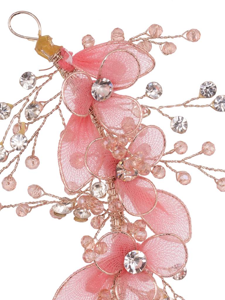 Gold Toned & Pink Stocking Flowers Beaded Tiara Hair Accessory : SJHC1900