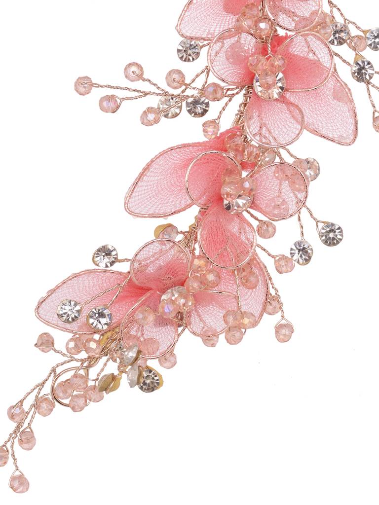 Gold Toned & Pink Stocking Flowers Beaded Tiara Hair Accessory : SJHC1900