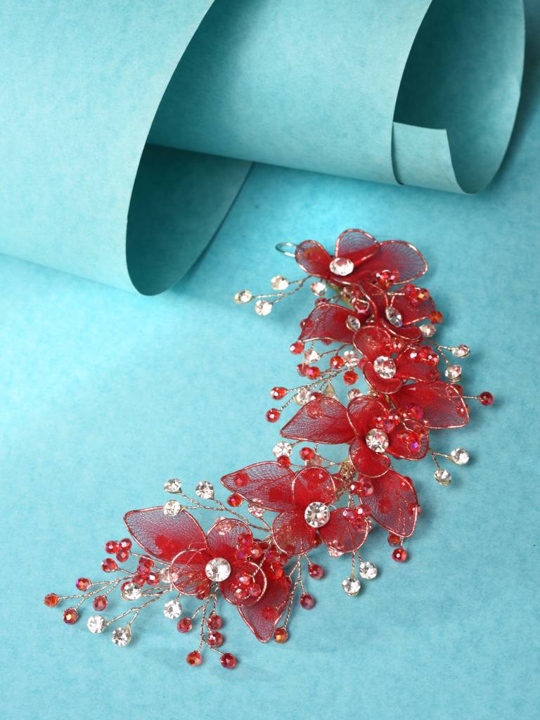 Gold Toned & Red Stocking Flowers Beaded Tiara Hair Accessory : SJHC1901