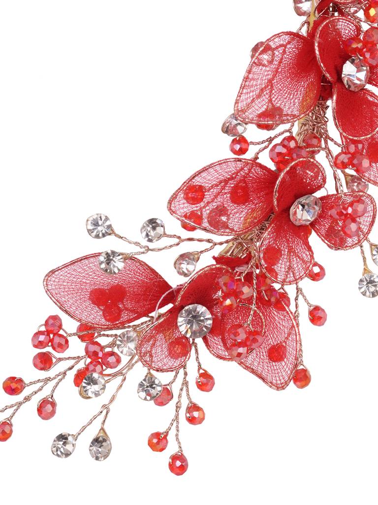 Gold Toned & Red Stocking Flowers Beaded Tiara Hair Accessory : SJHC1901