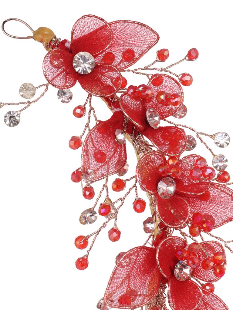 Gold Toned & Red Stocking Flowers Beaded Tiara Hair Accessory : SJHC1901
