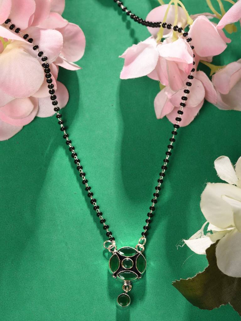 Silver Plated Green Stone Studded Minimal Mangalsutra : SJMS1902