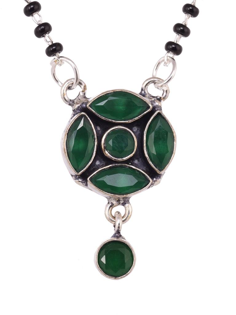 Silver Plated Green Stone Studded Minimal Mangalsutra : SJMS1902