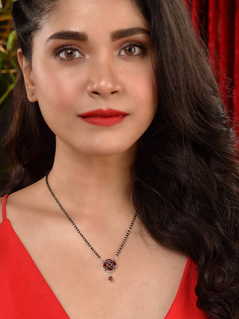 Silver Plated Red Stone Studded Statement Mangalsutra : SJMS1903