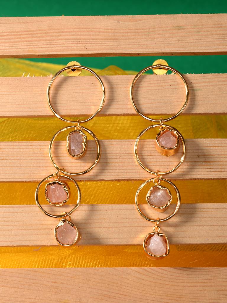 Gold Toned Pink Colour Concentric Circle Handcrafted Drop Earrings : SJER1907