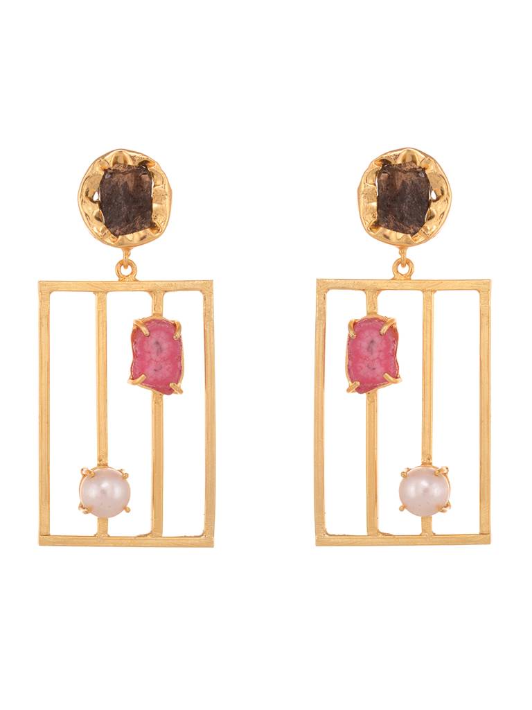 24K Gold Toned Rectangle Shaped & Pink Colour Handcrafted Dangler Earrings : SJER1912
