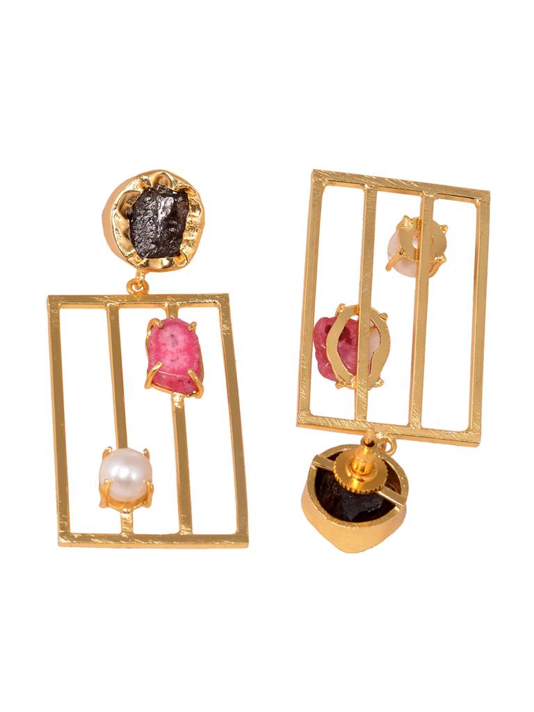 24K Gold Toned Rectangle Shaped & Pink Colour Handcrafted Dangler Earrings : SJER1912