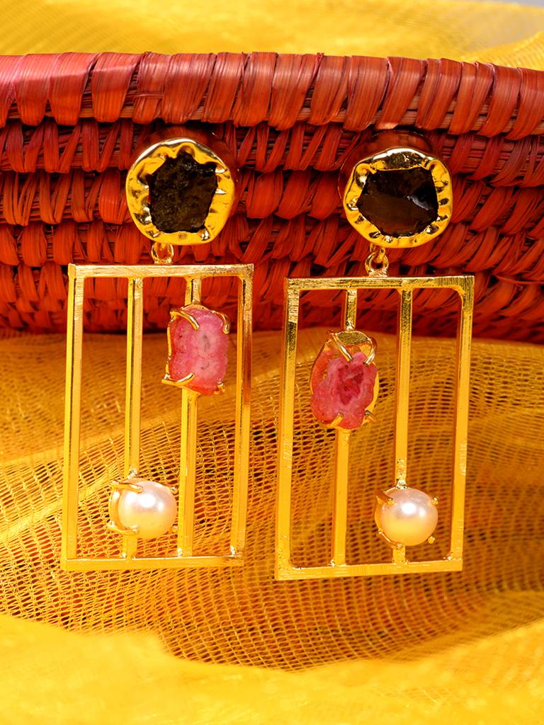 24K Gold Toned Rectangle Shaped & Pink Colour Handcrafted Dangler Earrings : SJER1912