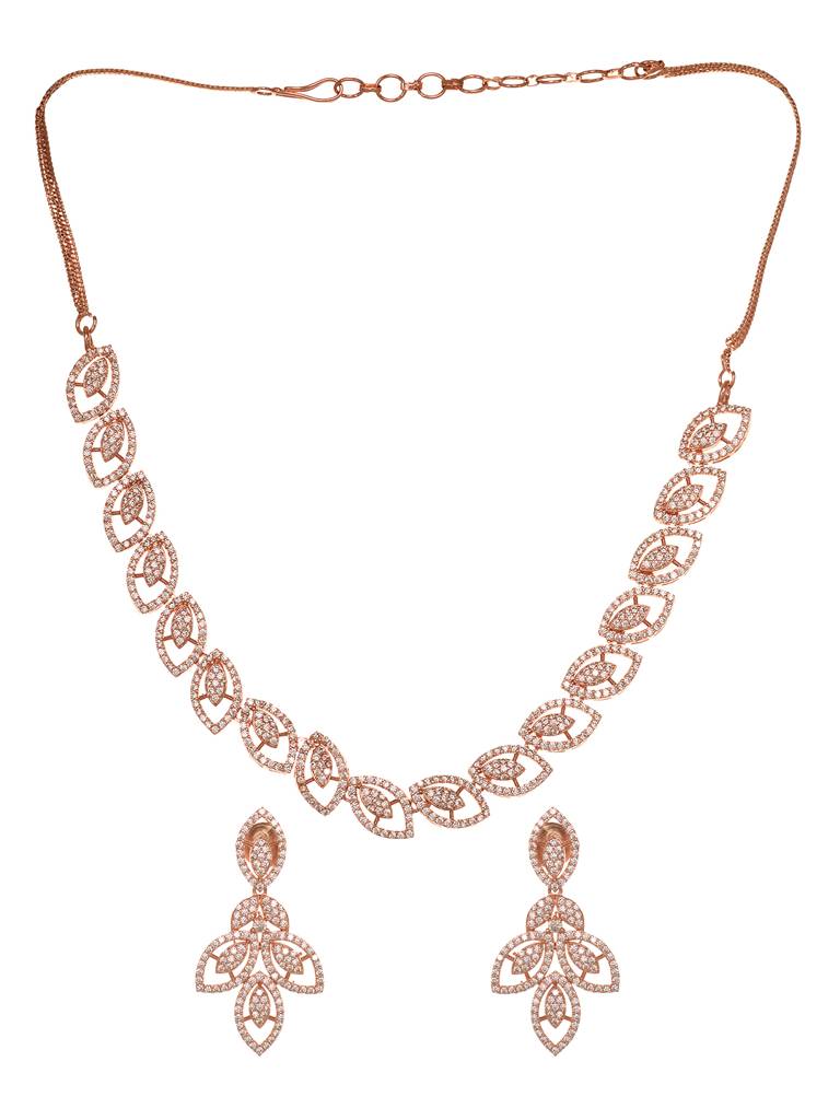 Rose Gold Plated Cz Studded Geometric Minimal Necklace Jewellery  Set : SJNK1920