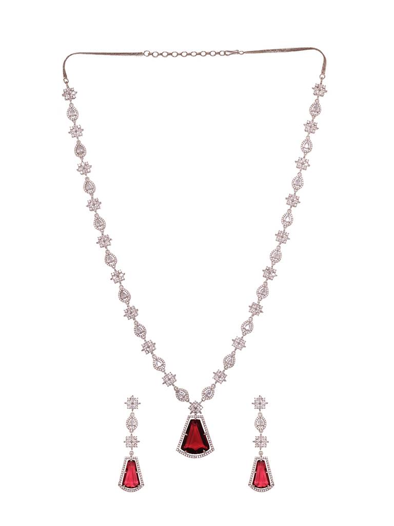 Silver Toned Red Ad Luxe Haram Necklace  Jewellery Set : SJNK1922