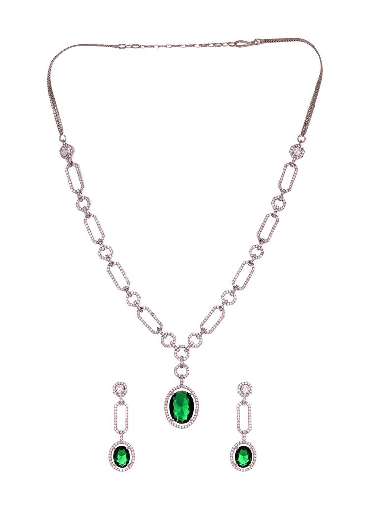Silver Plated Green Ad Studded Statement Link Necklace Jewellery Set : SJNK1924