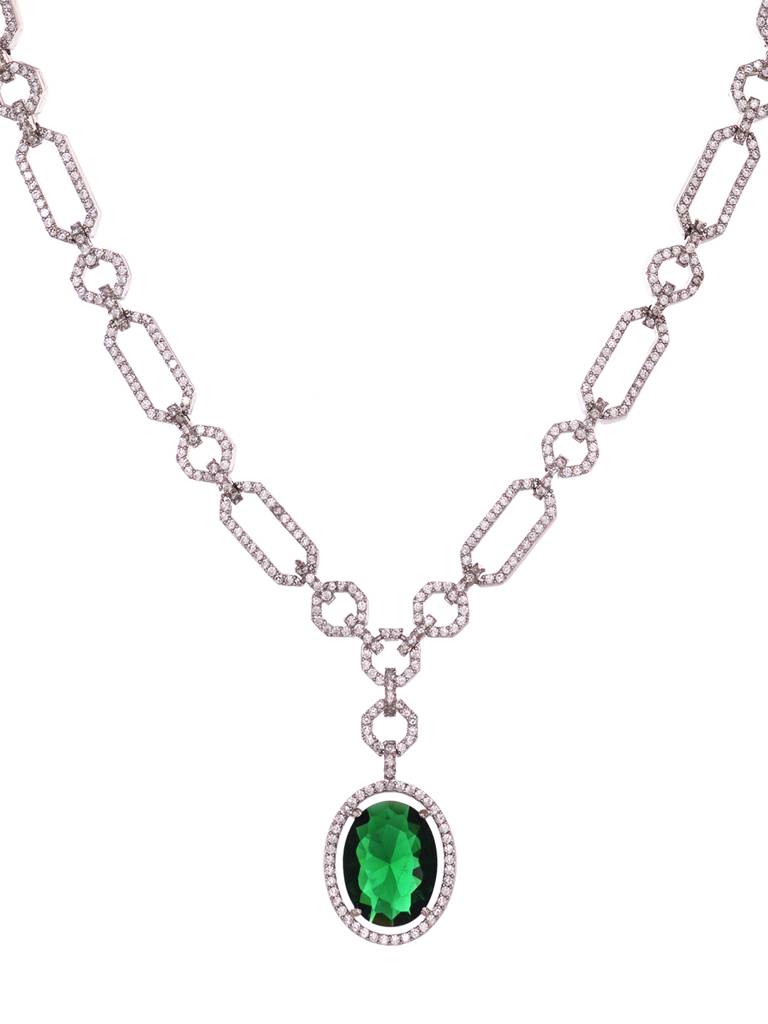 Silver Plated Green Ad Studded Statement Link Necklace Jewellery Set : SJNK1924