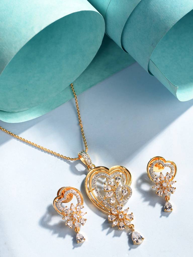 Gold Toned Ad Heart Shaped Designer Locket Jewellery Set : SJLK1925