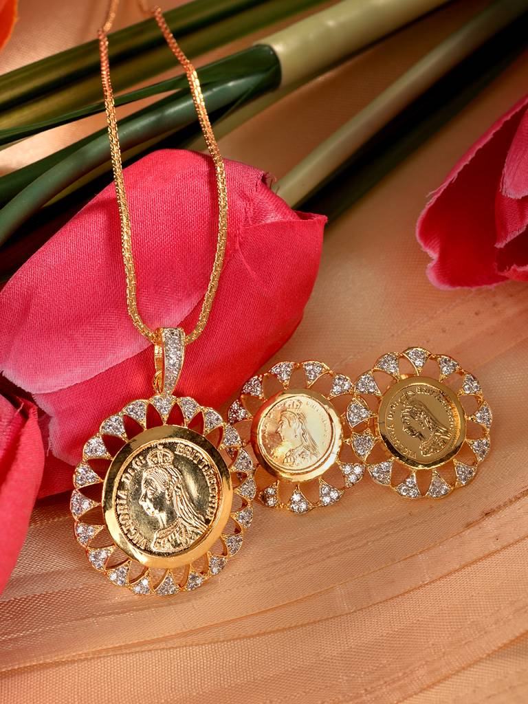 Gold Toned Ad Round Ginni Statement Locket Jewellery Set : SJLK1933