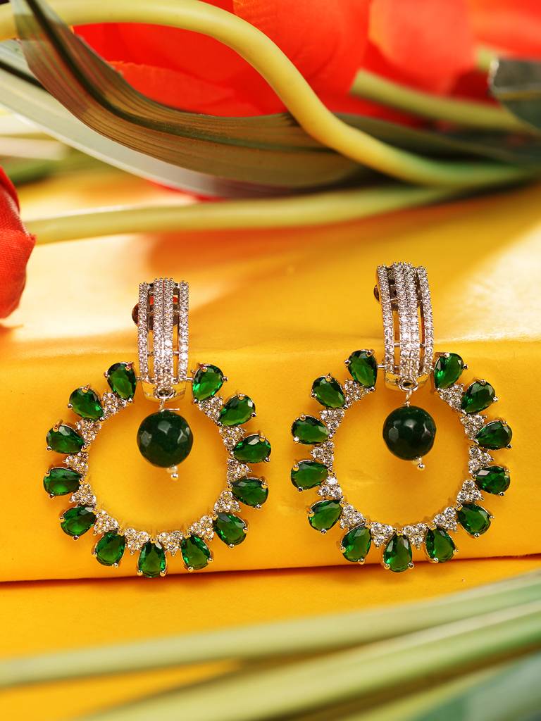 Silver Toned Green Ad Luxe Hoop Earrings : SJER1939