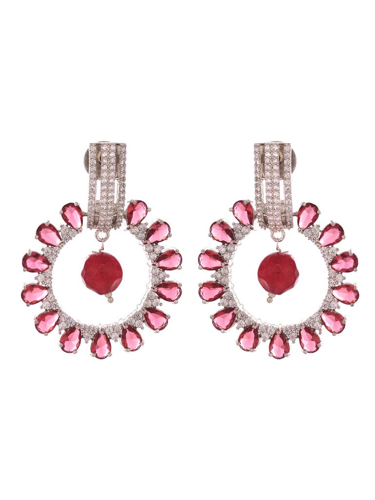 Silver Plated Red Ad Studded Statement Hoop Earring : SJER1940