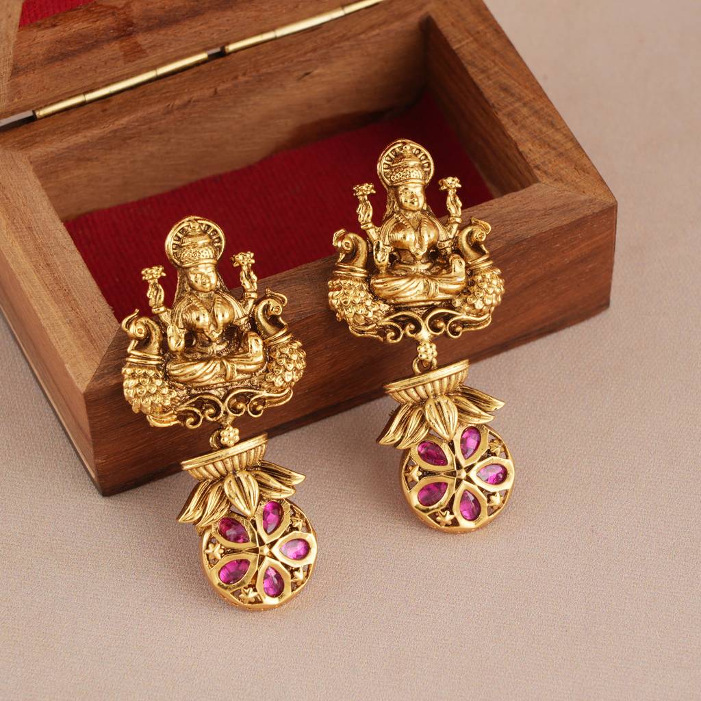 Long Antique Gold Plated Ma Lakshmi Ruby Stone Earring I Temple Jewellery : SJ363