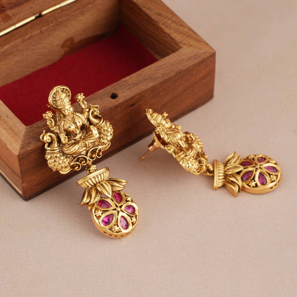 Long Antique Gold Plated Ma Lakshmi Ruby Stone Earring I Temple Jewellery : SJ363