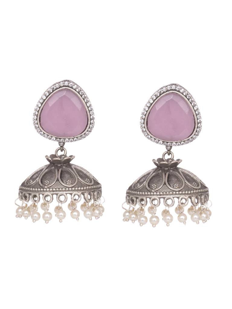 Silver Oxidised Pink Stone & Pearl Jhumka Earrings : SJER1942