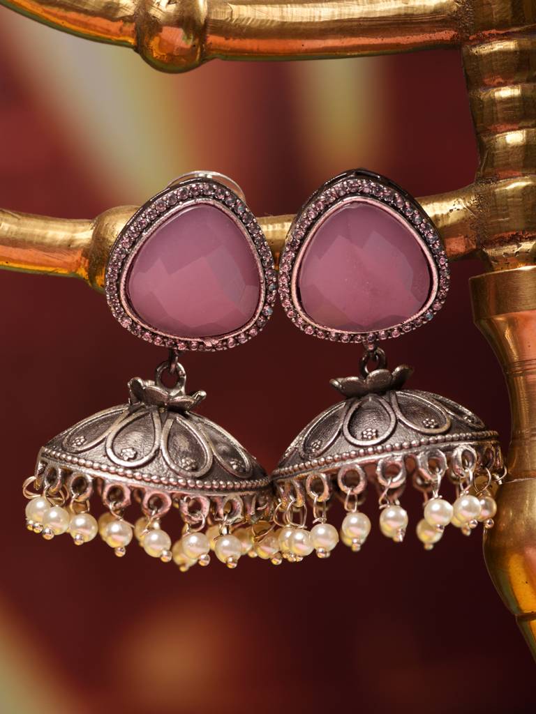 Silver Oxidised Pink Stone & Pearl Jhumka Earrings : SJER1942