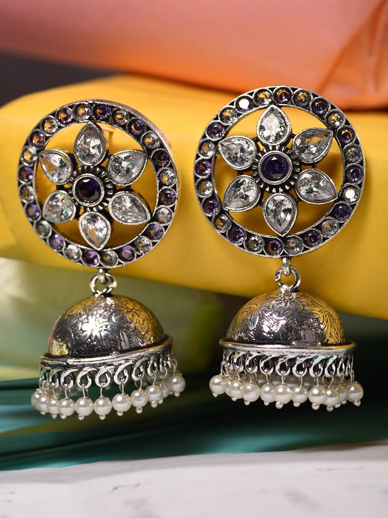 Silver Oxidised Handcrafted Contemporary Jhumka Earrings : SJER1943