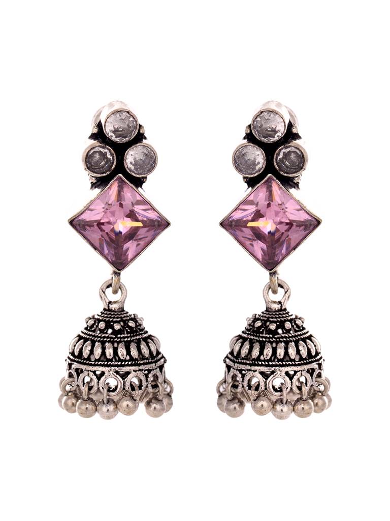 Silver Oxidised Pink Stone Jhumki Minimal Earring : SJER1944