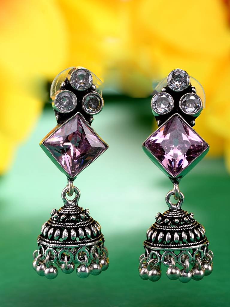 Silver Oxidised Pink Stone Jhumki Minimal Earring : SJER1944