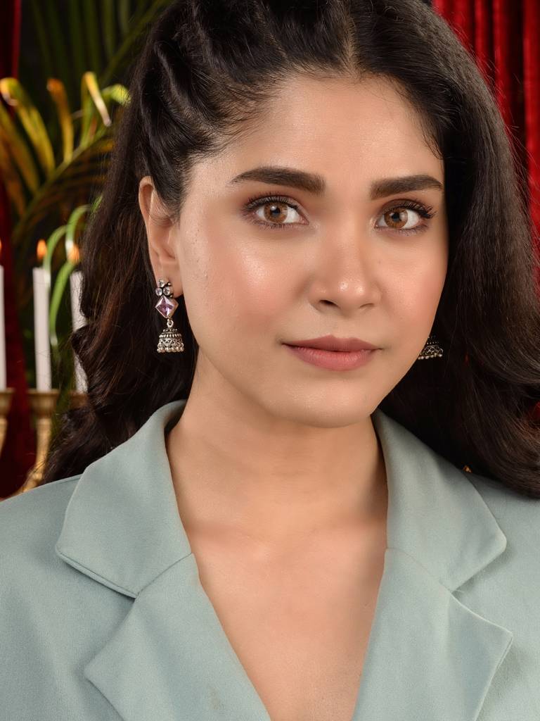 Silver Oxidised Pink Stone Jhumki Minimal Earring : SJER1944