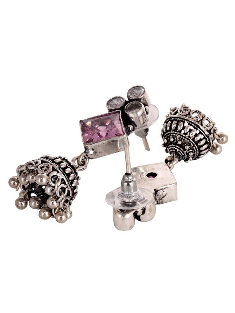 Silver Oxidised Pink Stone Jhumki Minimal Earring : SJER1944