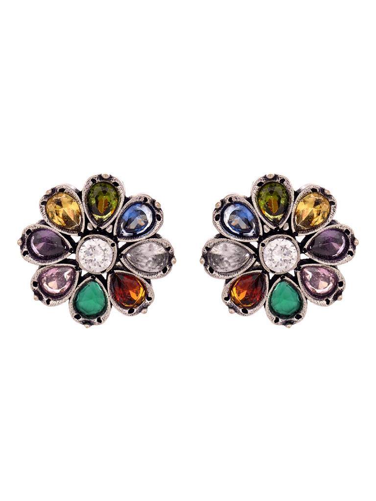 Silver Oxidised Navratan Minimal Stud Earring : SJER1945