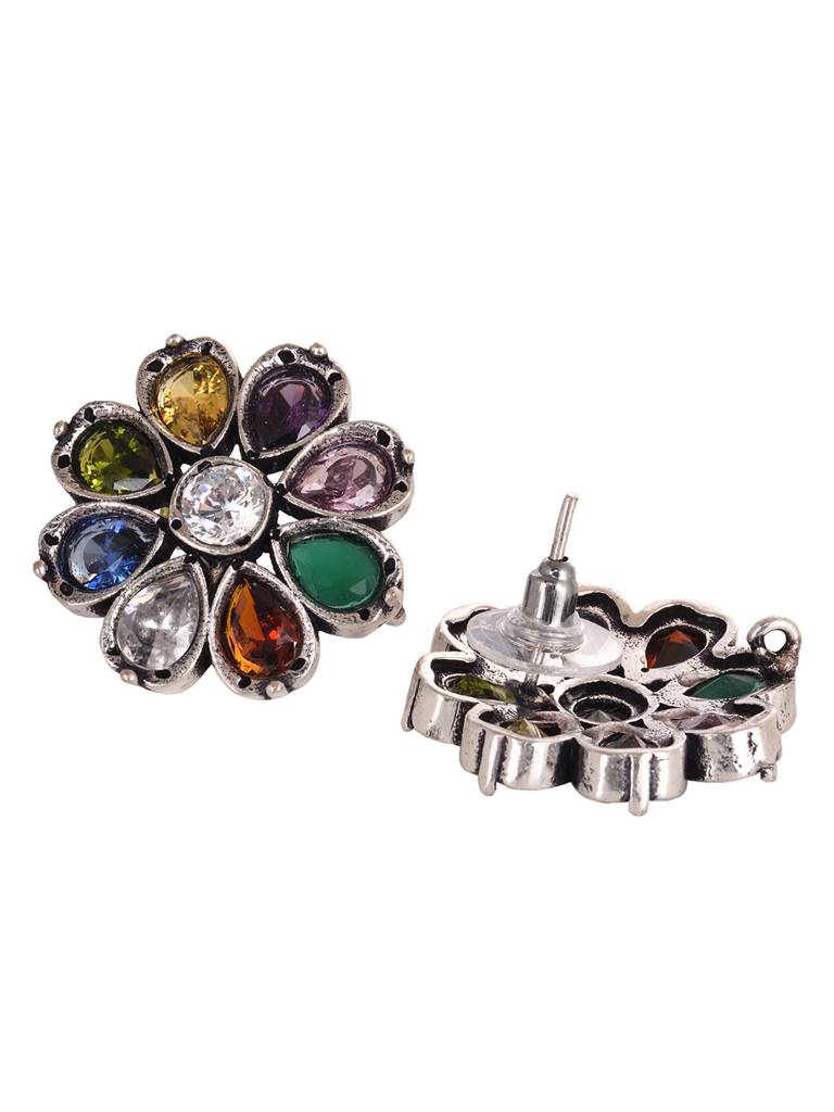 Silver Oxidised Navratan Minimal Stud Earring : SJER1945