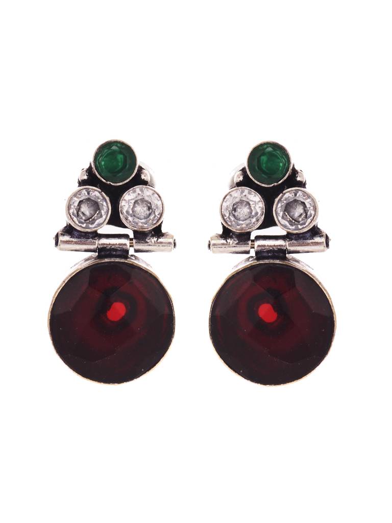 Silver Oxidised Riby Red Drop Minimal Earring : SJER1946