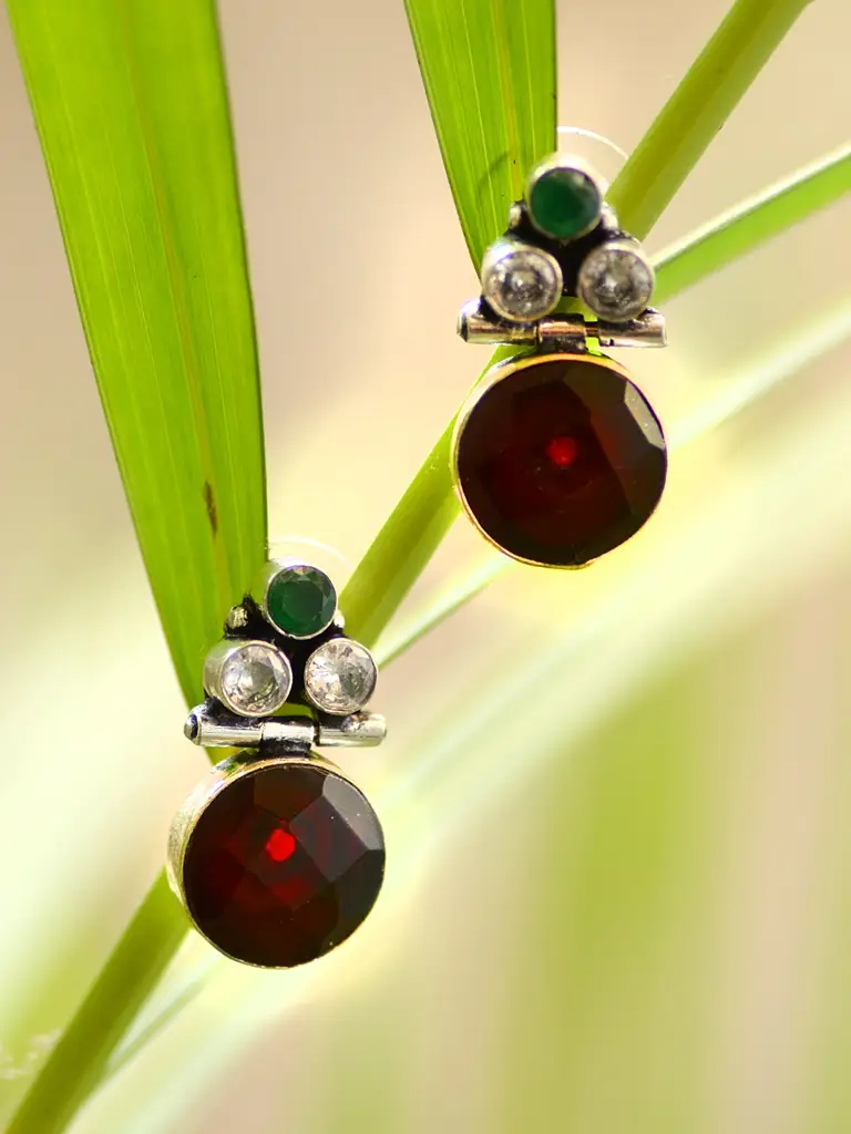 Silver Oxidised Riby Red Drop Minimal Earring