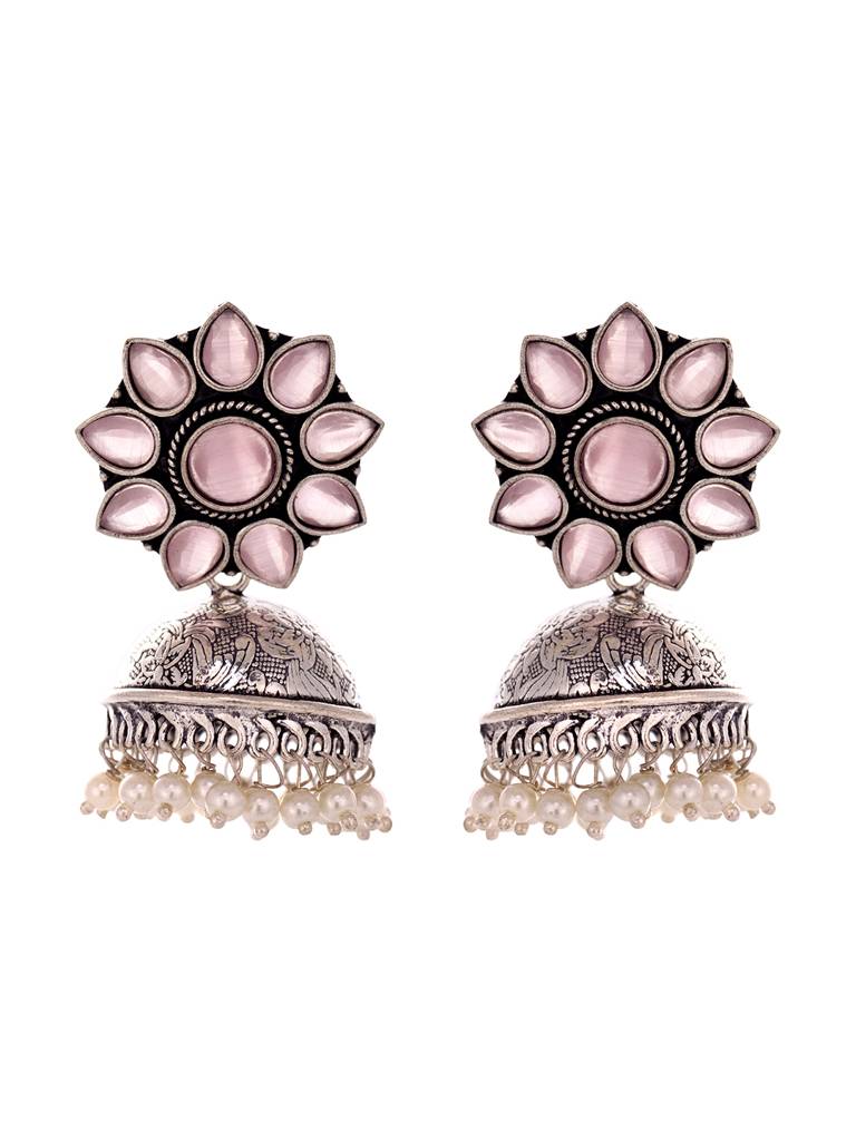 Siver Oxidised Pink Ad Pearl Studded Handmade Jhumka Earring : SJER1947