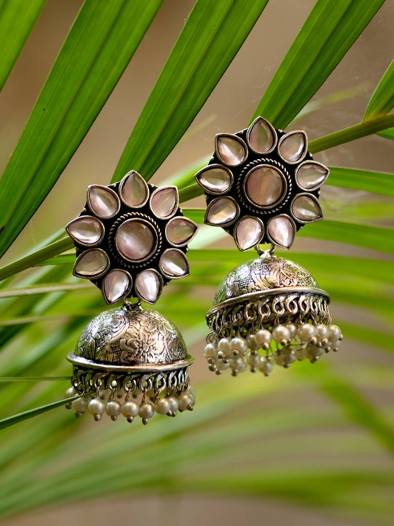 Siver Oxidised Pink Ad Pearl Studded Handmade Jhumka Earring : SJER1947