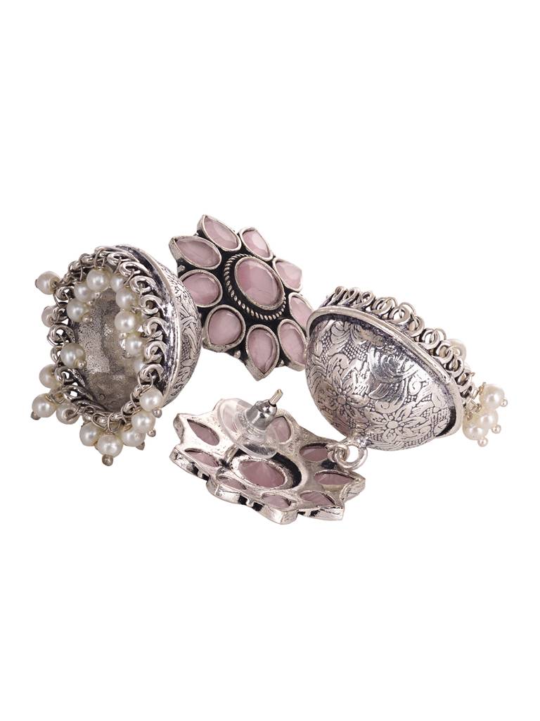 Siver Oxidised Pink Ad Pearl Studded Handmade Jhumka Earring : SJER1947