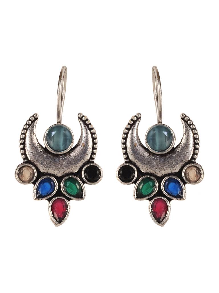 Siver Oxidised Multi Stone Studded Navratan Hook Earring : SJER1949