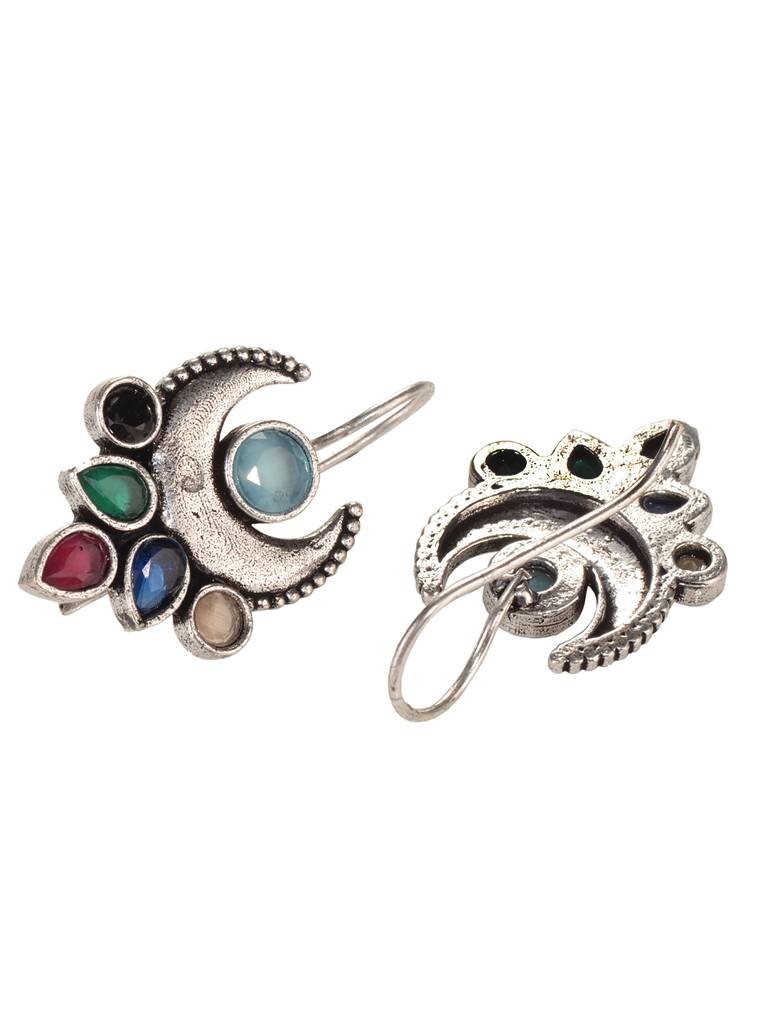 Siver Oxidised Multi Stone Studded Navratan Hook Earring : SJER1949