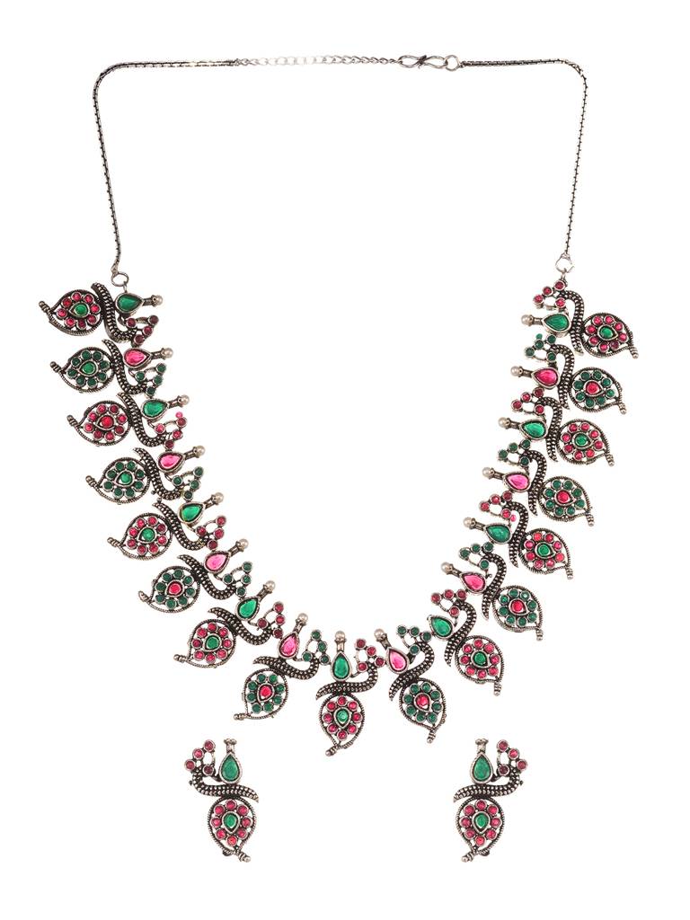 Silver Oxidised Green Stone Studded Peacock Choker Necklace Jewellery Set : SJNK1952