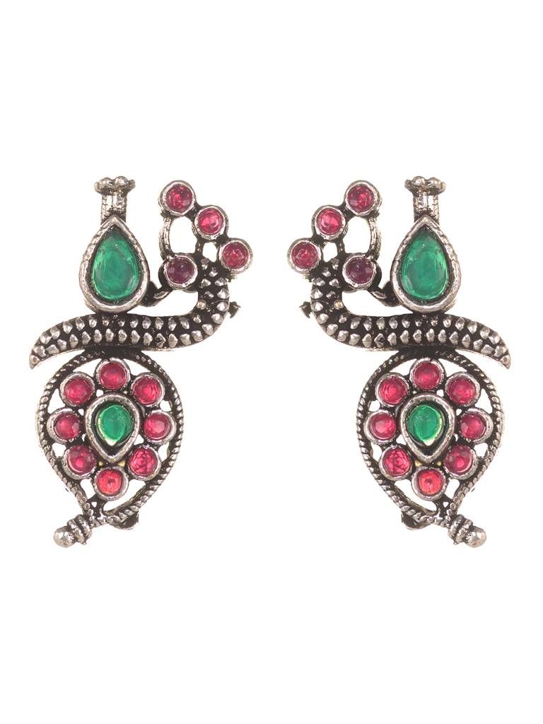Silver Oxidised Green Stone Studded Peacock Choker Necklace Jewellery Set : SJNK1952