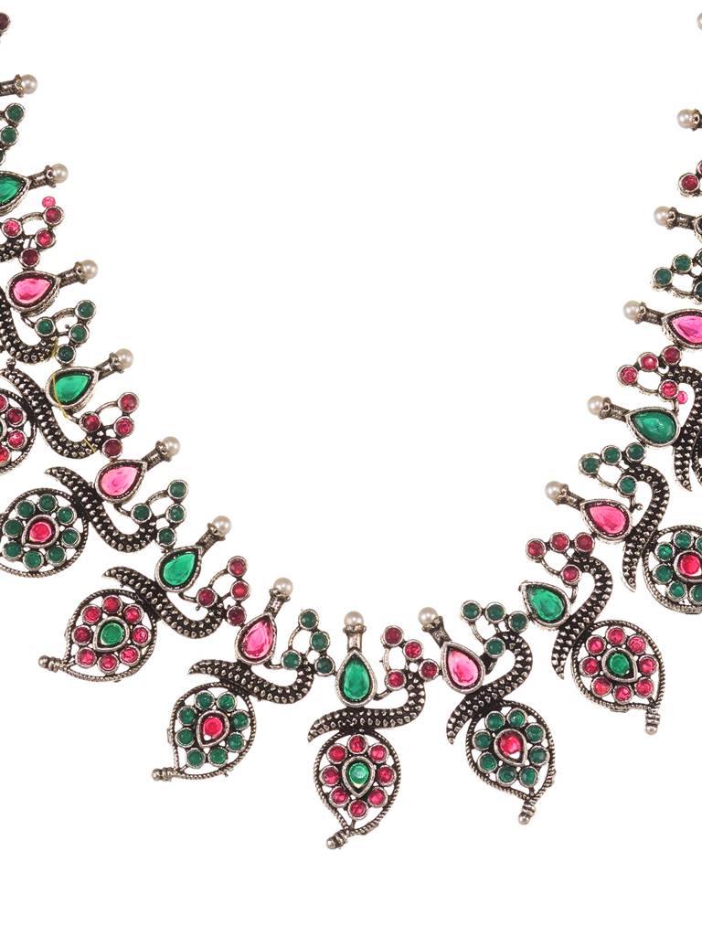 Silver Oxidised Green Stone Studded Peacock Choker Necklace Jewellery Set : SJNK1952
