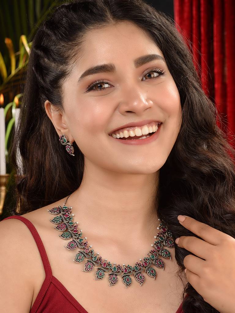 Silver Oxidised Green Stone Studded Peacock Choker Necklace Jewellery Set : SJNK1952