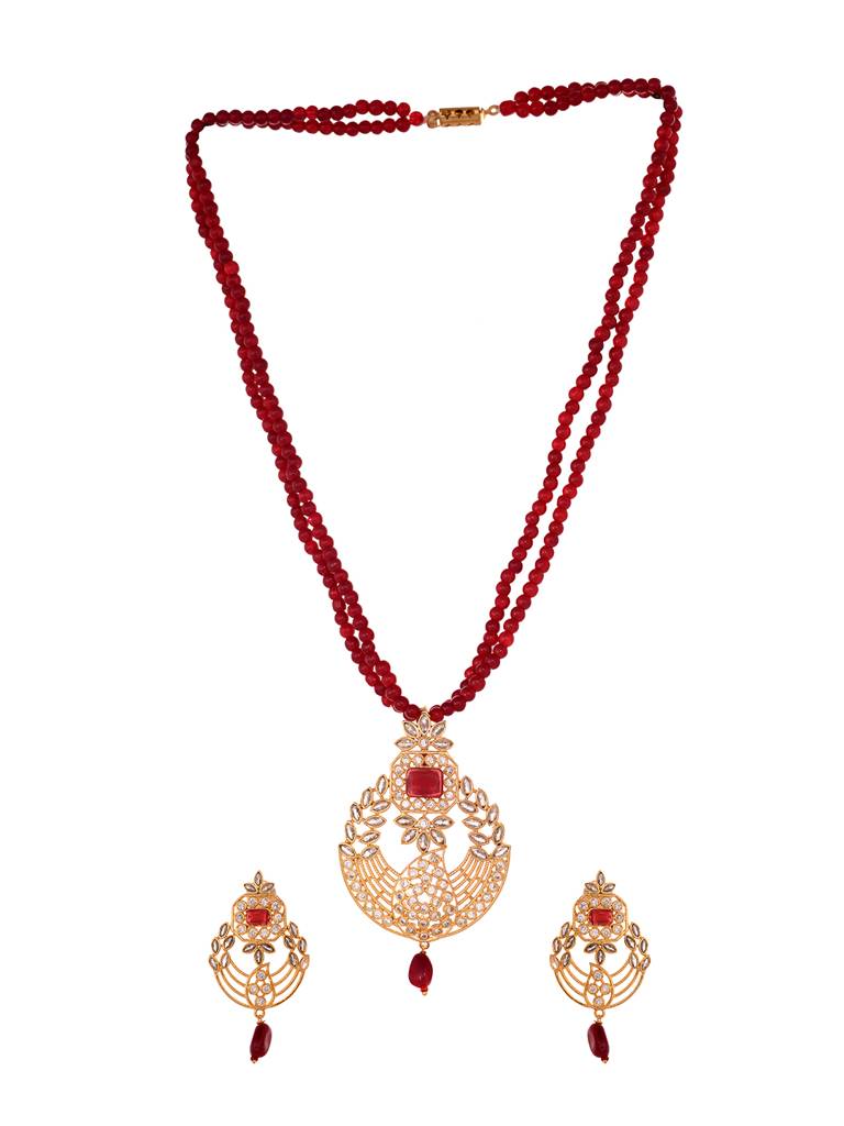 Gold Plated Polki Studded With Red Beads Maala Necklace Set : SJNK1953