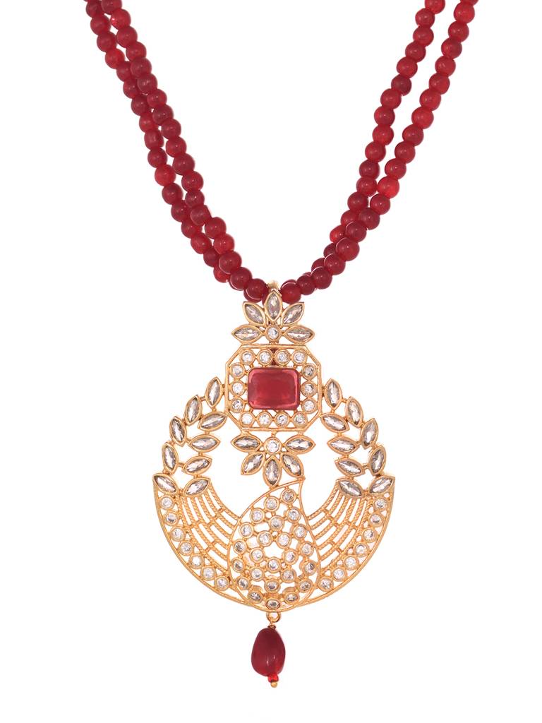 Gold Plated Polki Studded With Red Beads Maala Necklace Set : SJNK1953